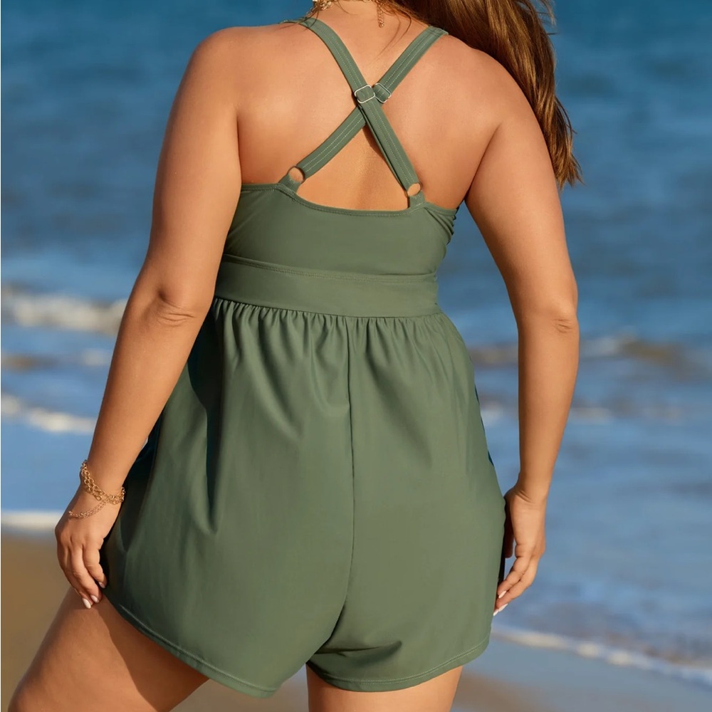 Chic Olive Halter Swimsuit Romper - Picture 3 of 4
